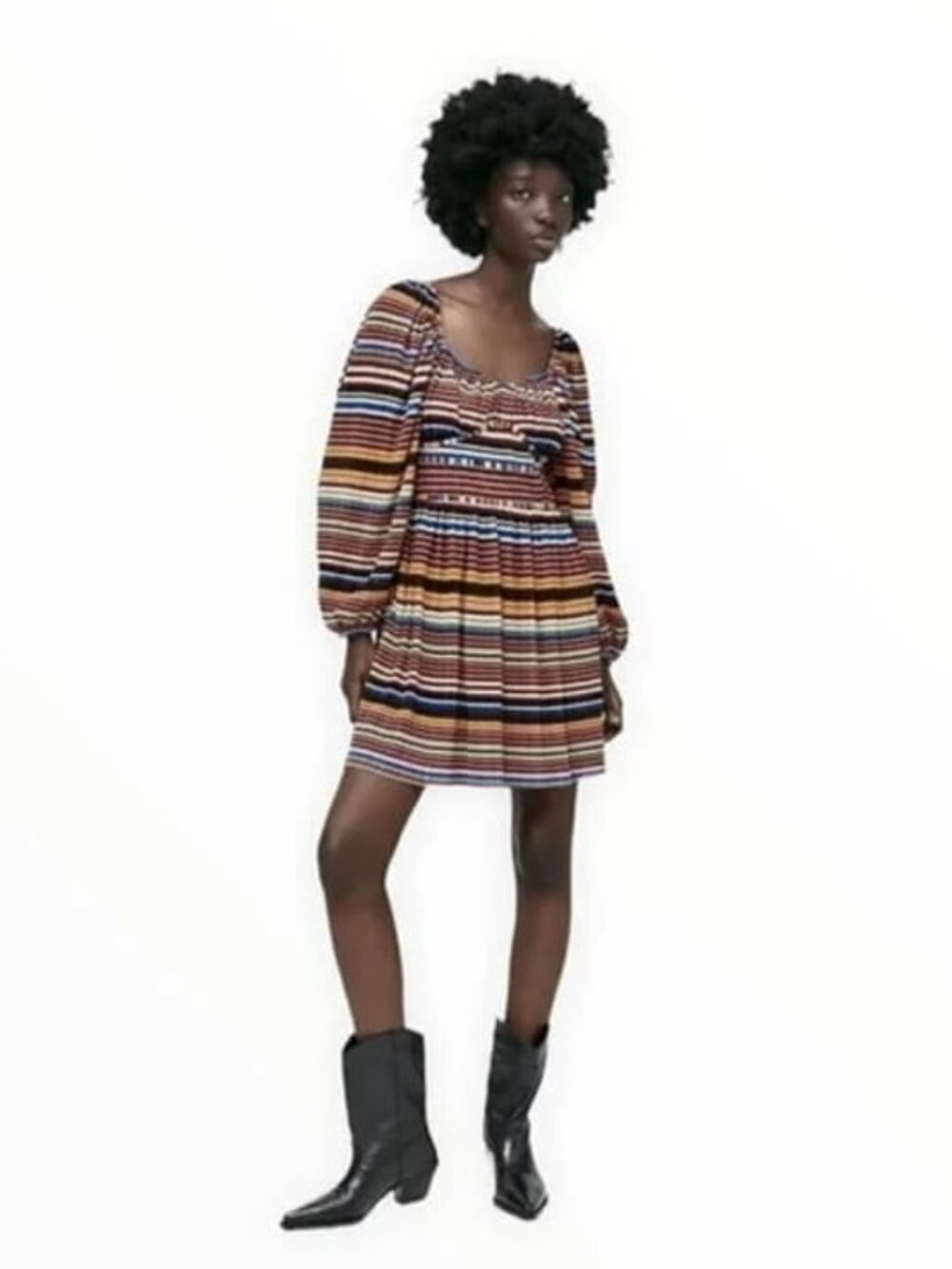 2/$30 ZARA Pleated Babydoll Dress Balloon Sleeve Multicolor Stripe Small #A4003